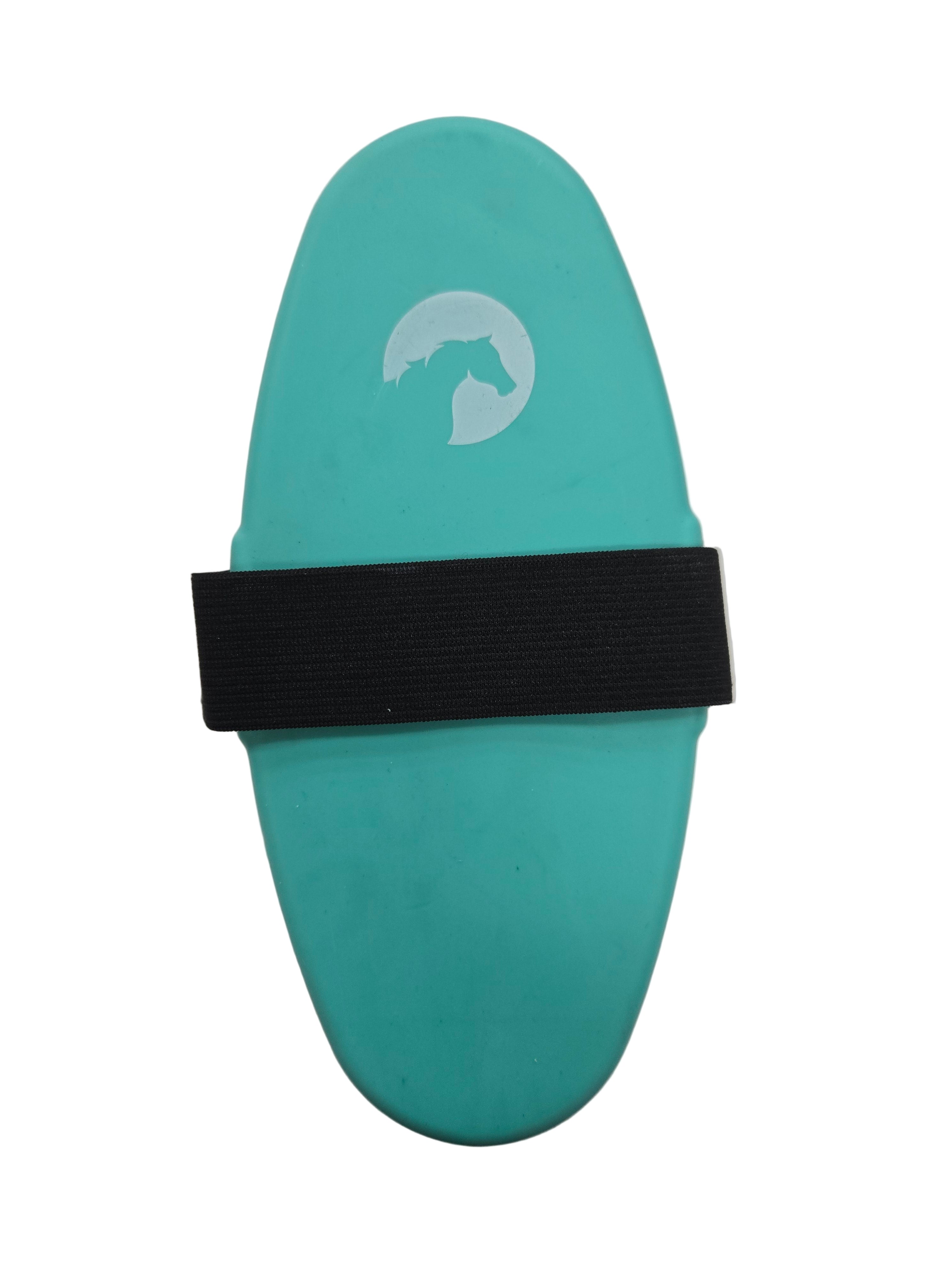 Teal sandal with a black strap on a white background