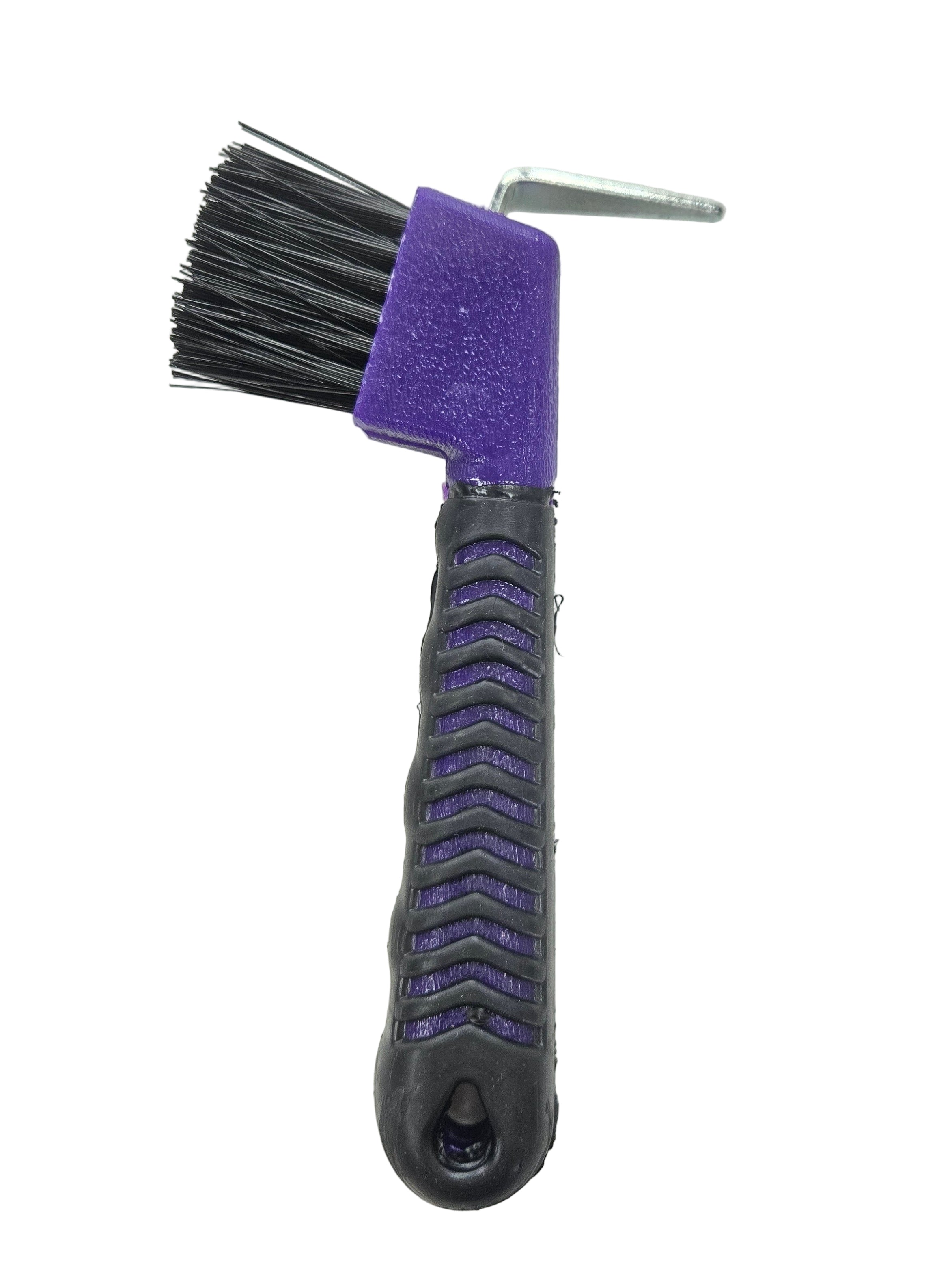 Brush with a purple handle and black bristles on a white background