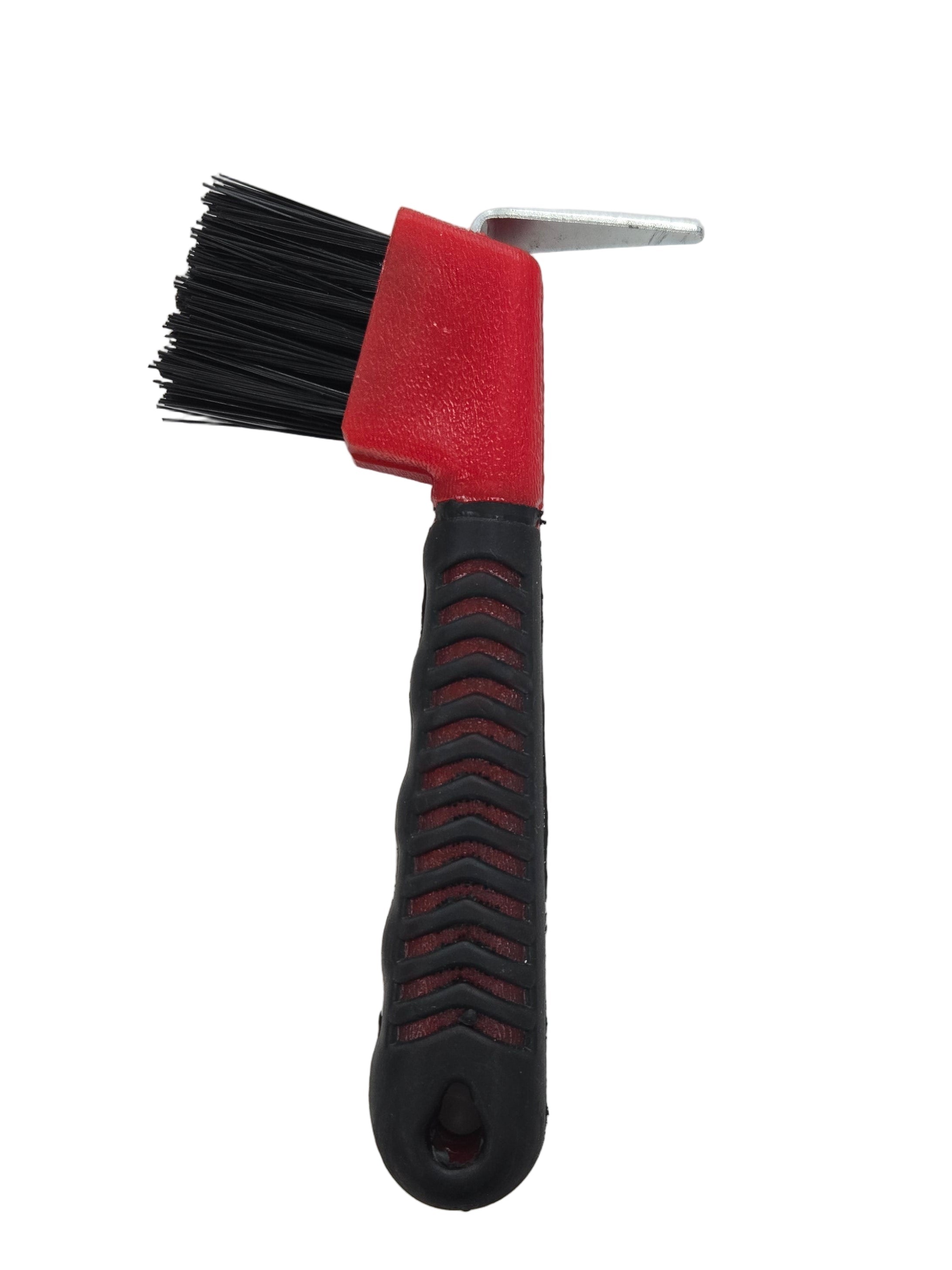 Brush with black bristles and a red and black handle on a white surface