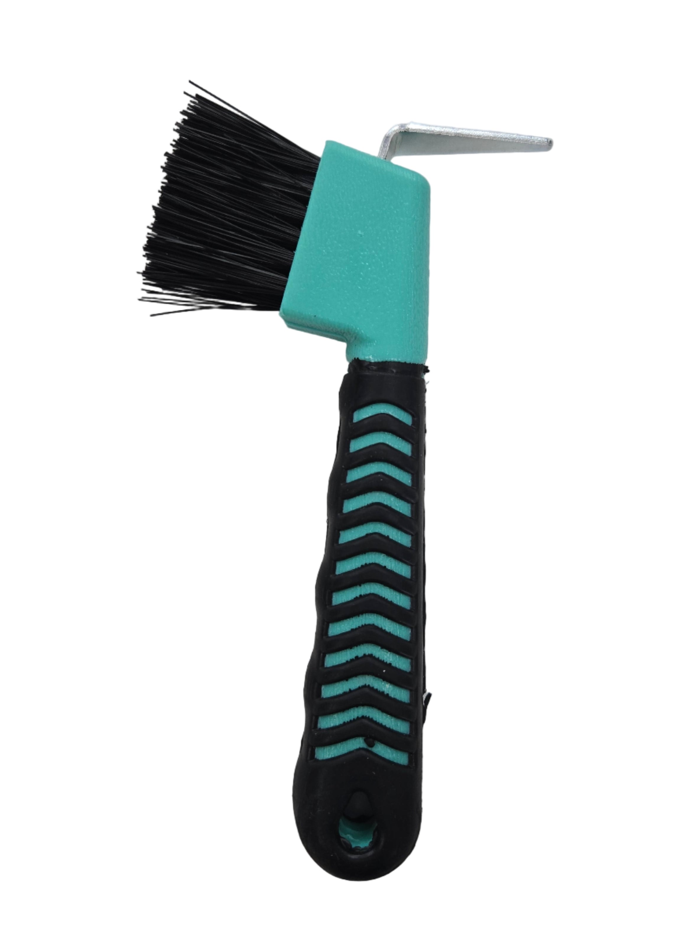Cleaning brush with black bristles and a teal handle on a white background