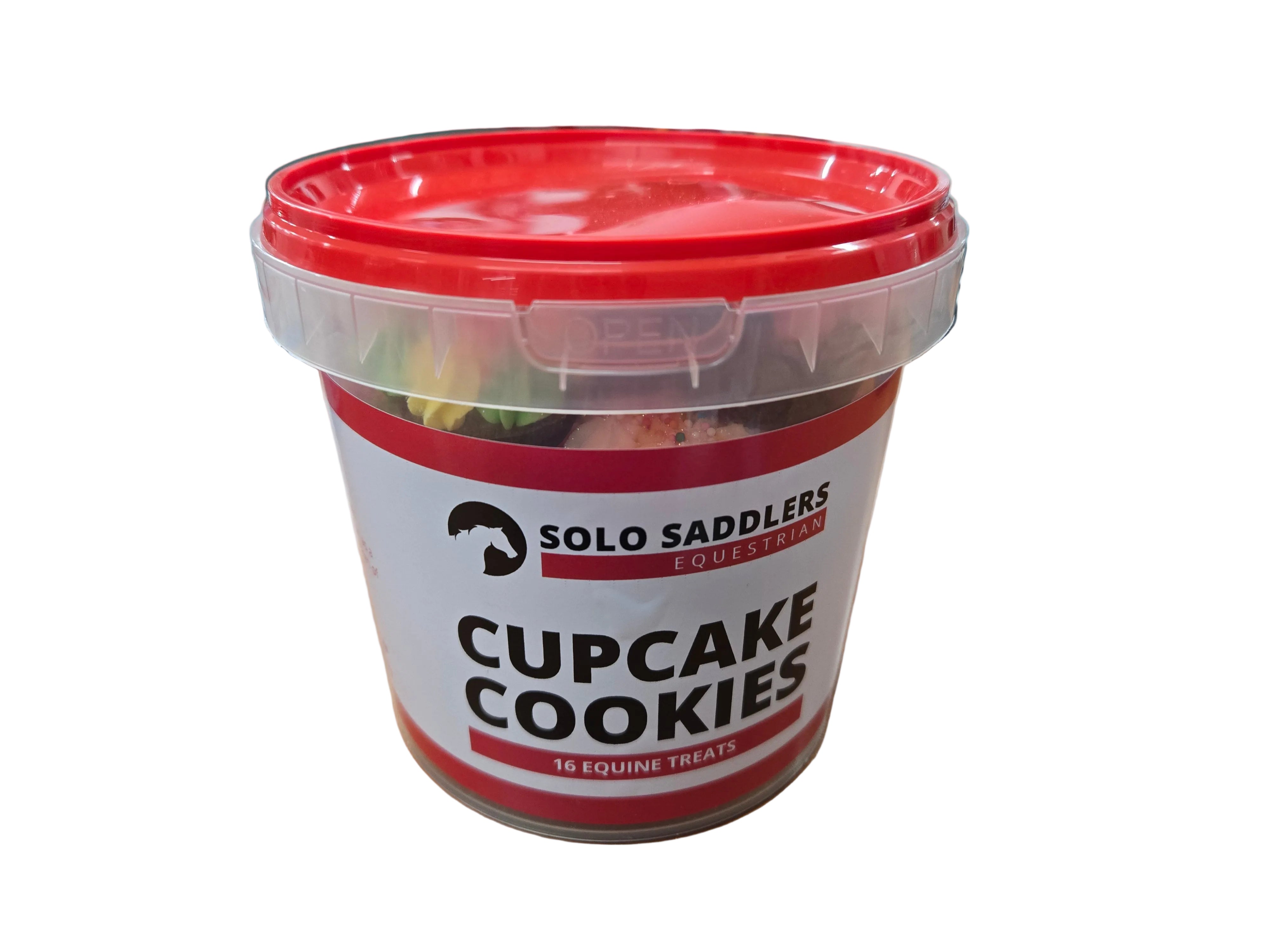 Container of Solo Saddlers Cupcake Cookies on a desk