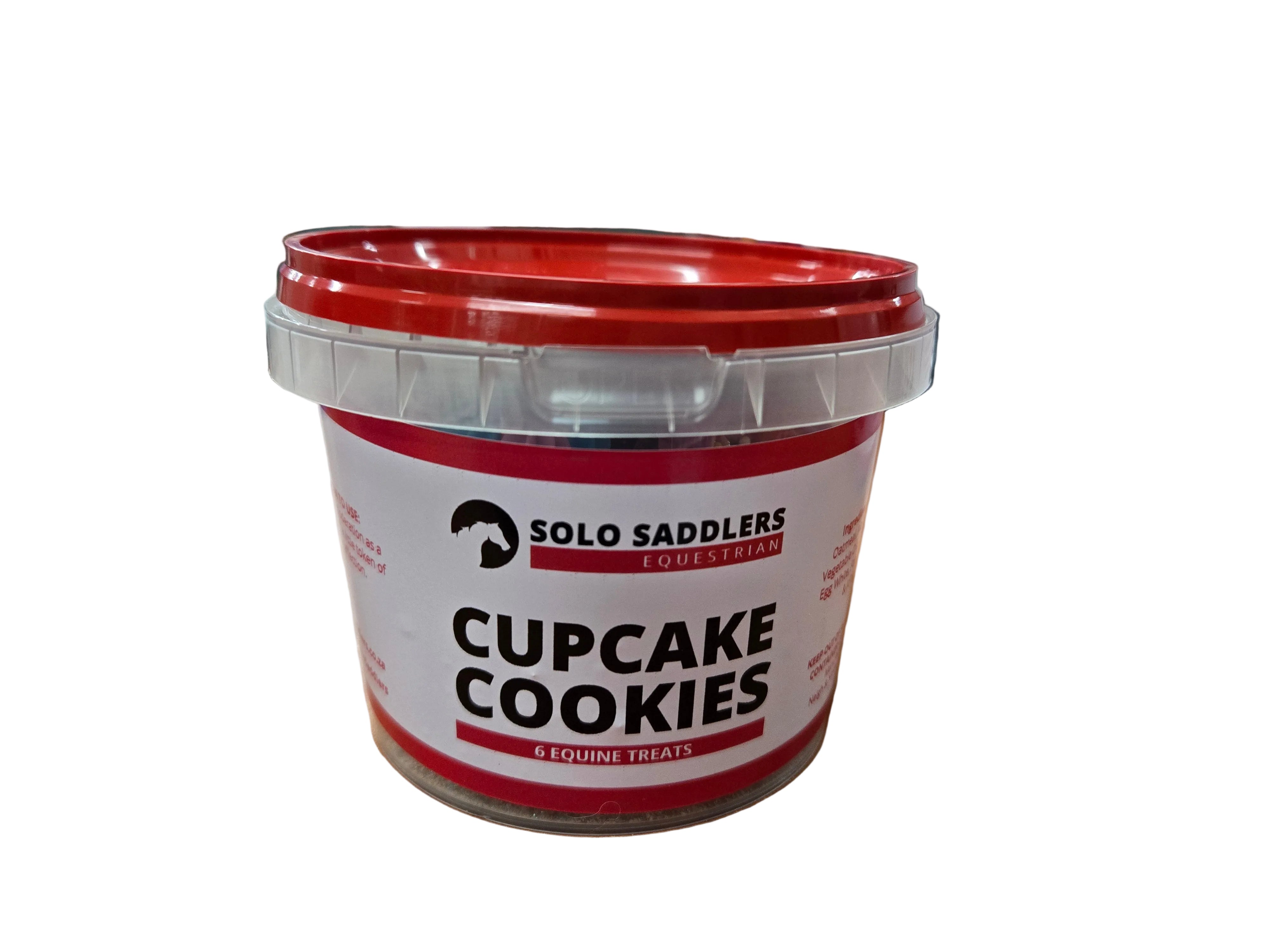 Container of 'Cupcake Cookies' by Solo Saddlers on a wooden surface with a blurred background.