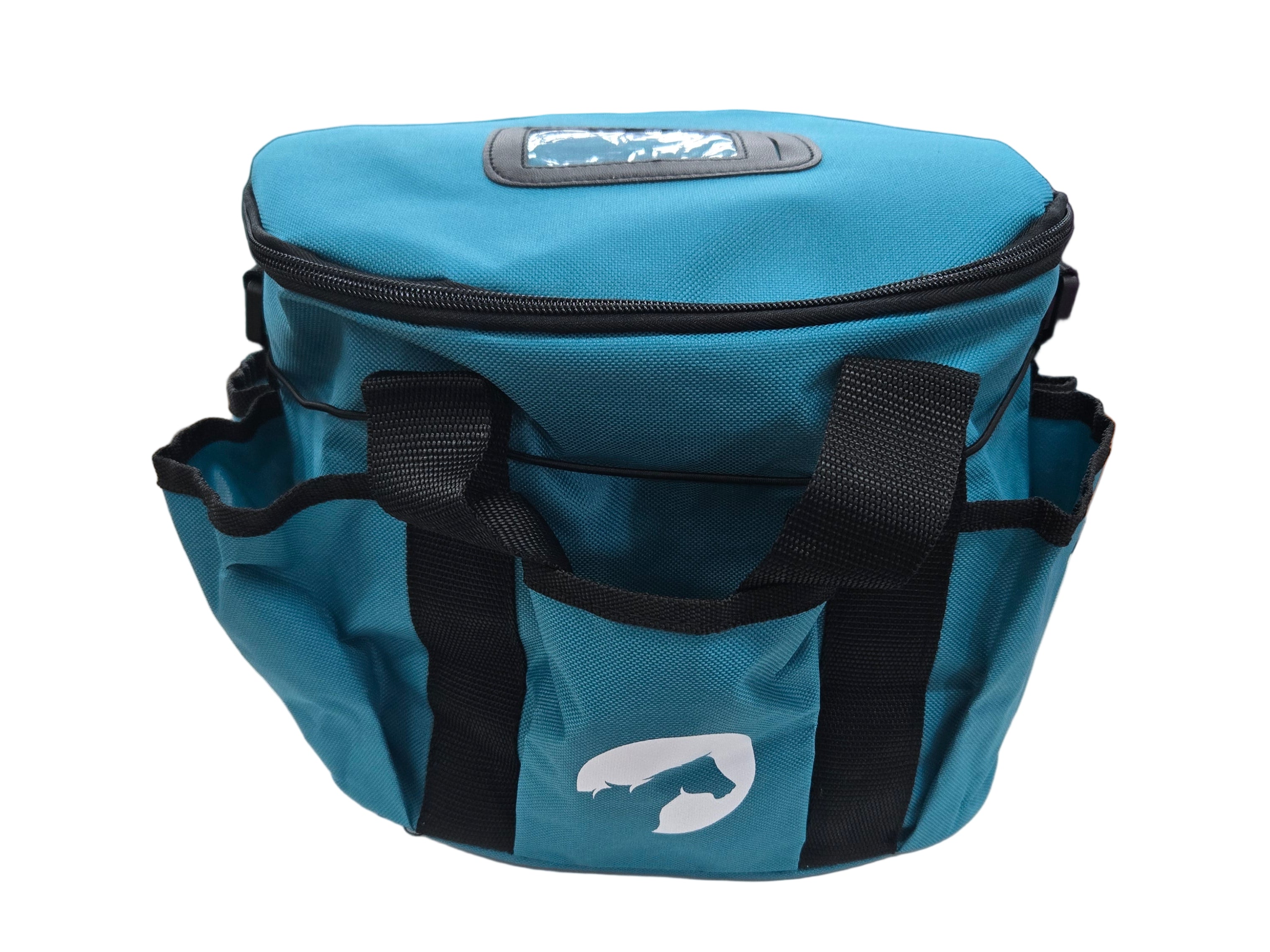 Blue bag with black straps on a white surface in a store setting