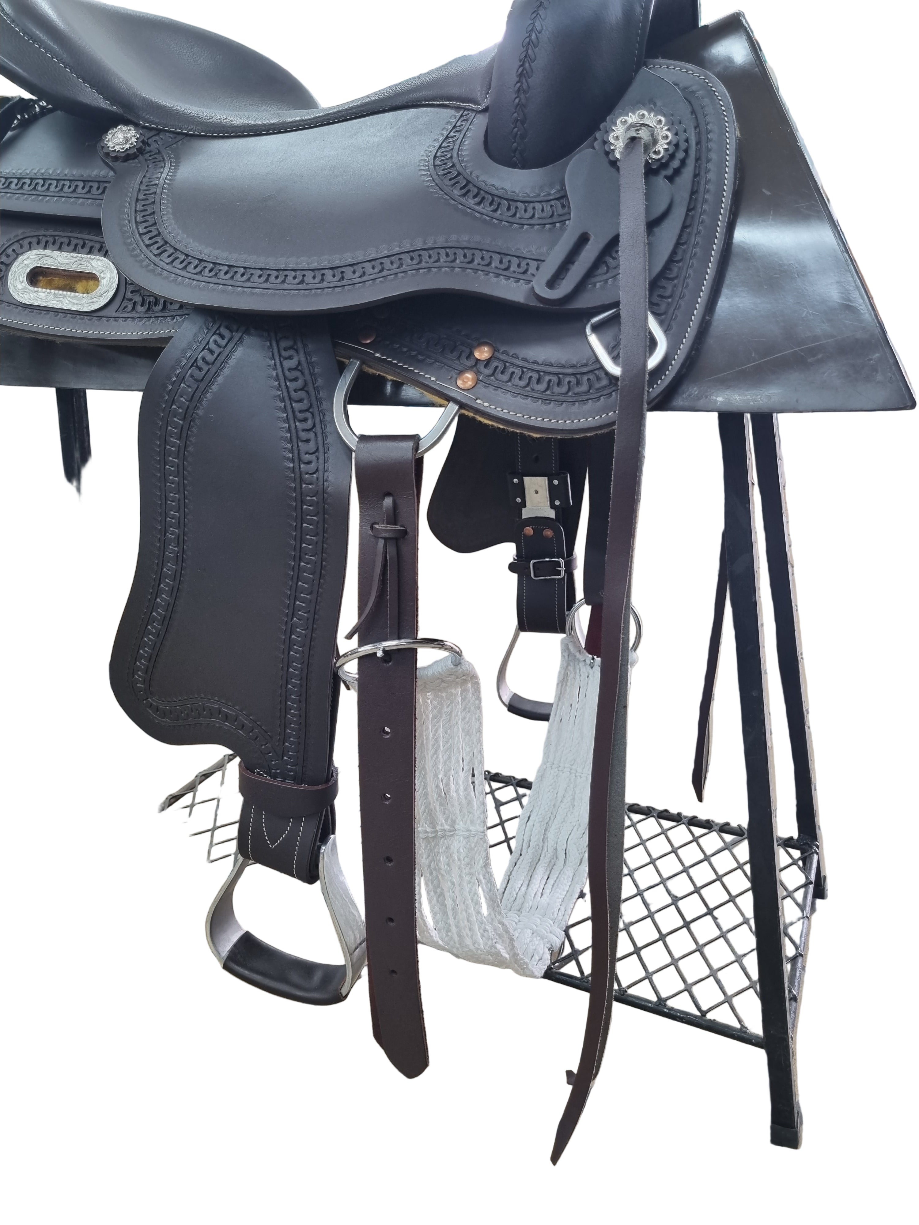 Black leather saddle on a metal stand with a tiled floor background