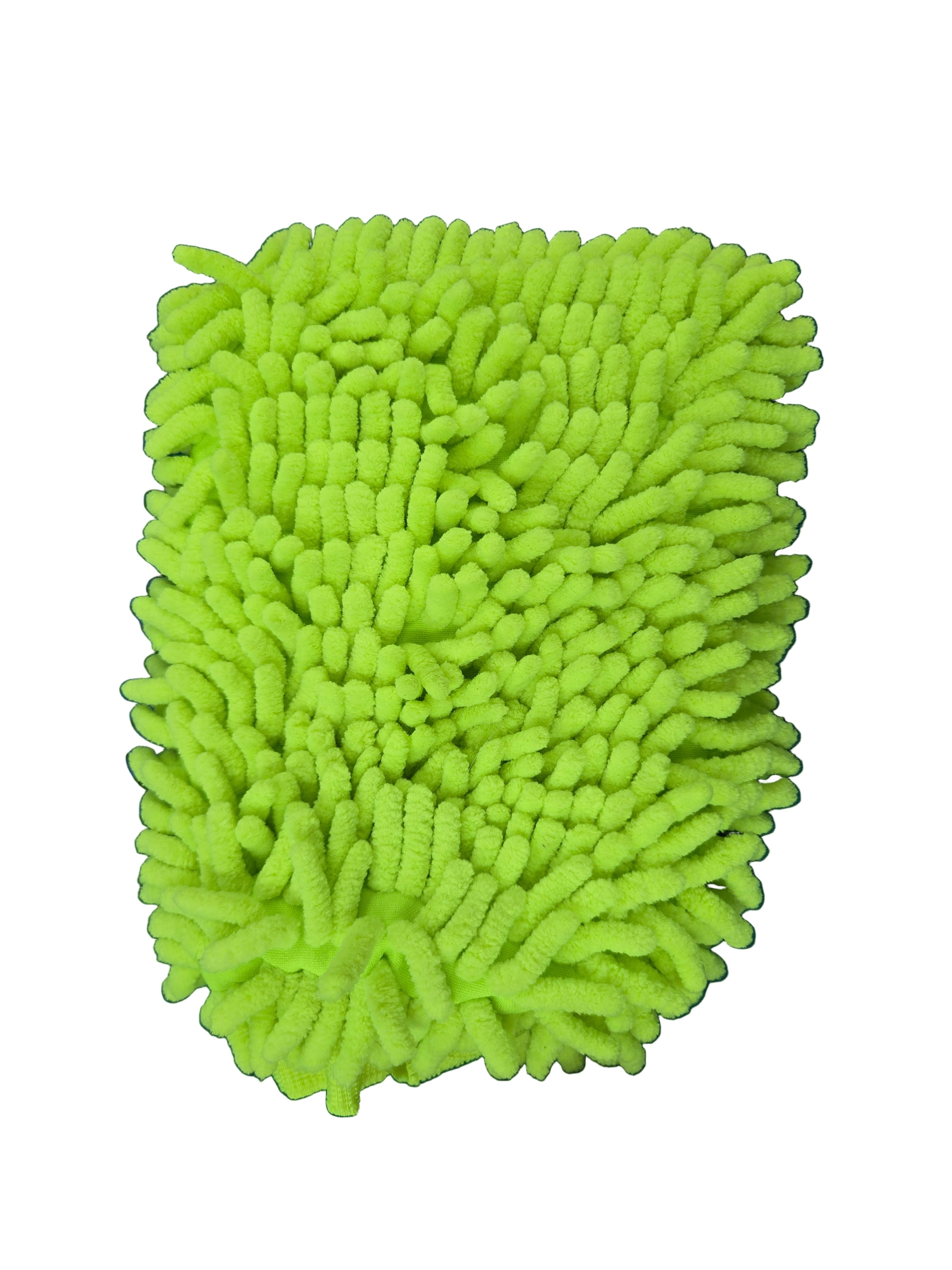 Green microfiber cleaning pad on a dark surface with a blue pad in the background.