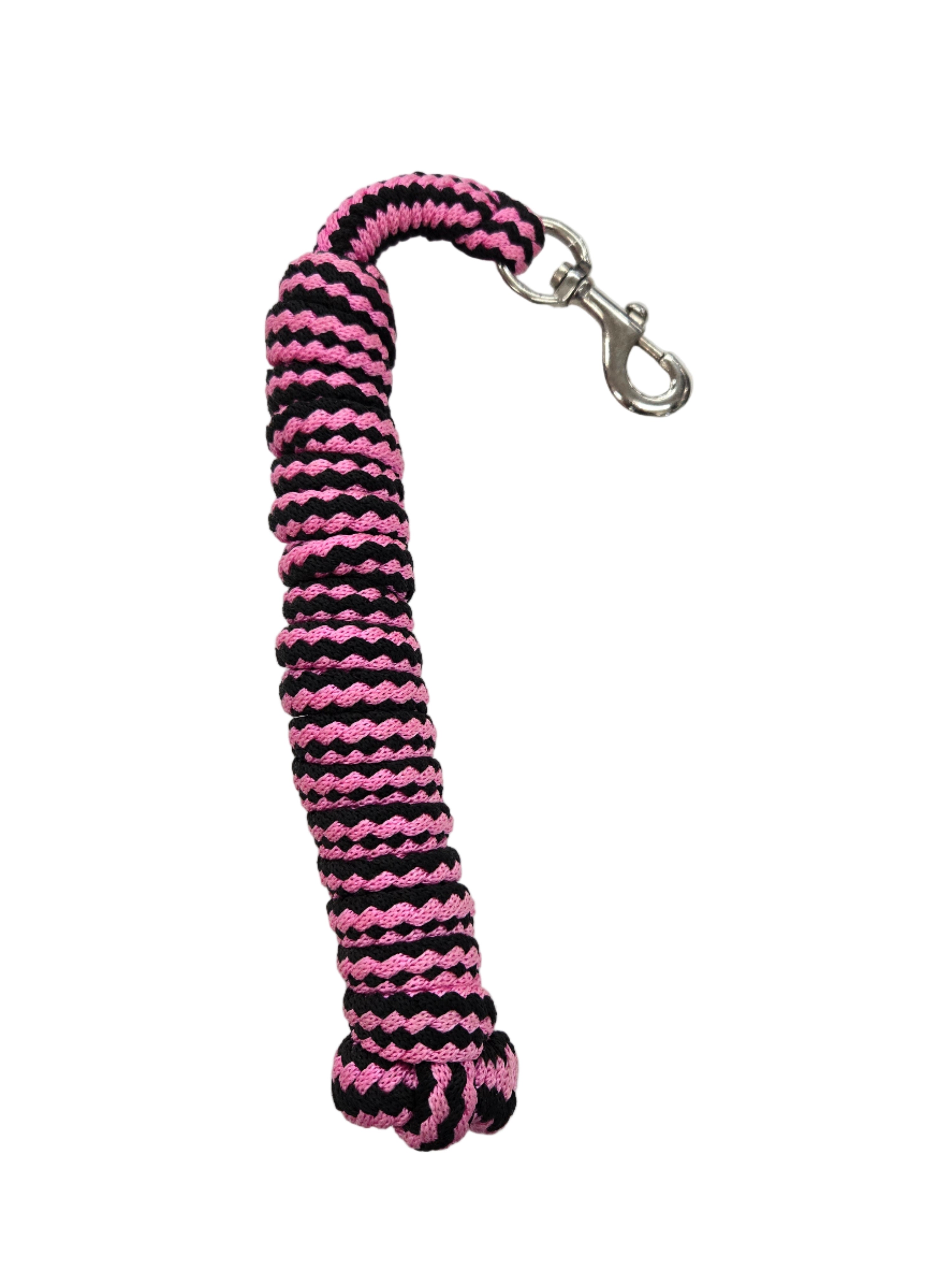 Black and pink braided keychain with a metal clip on a white background