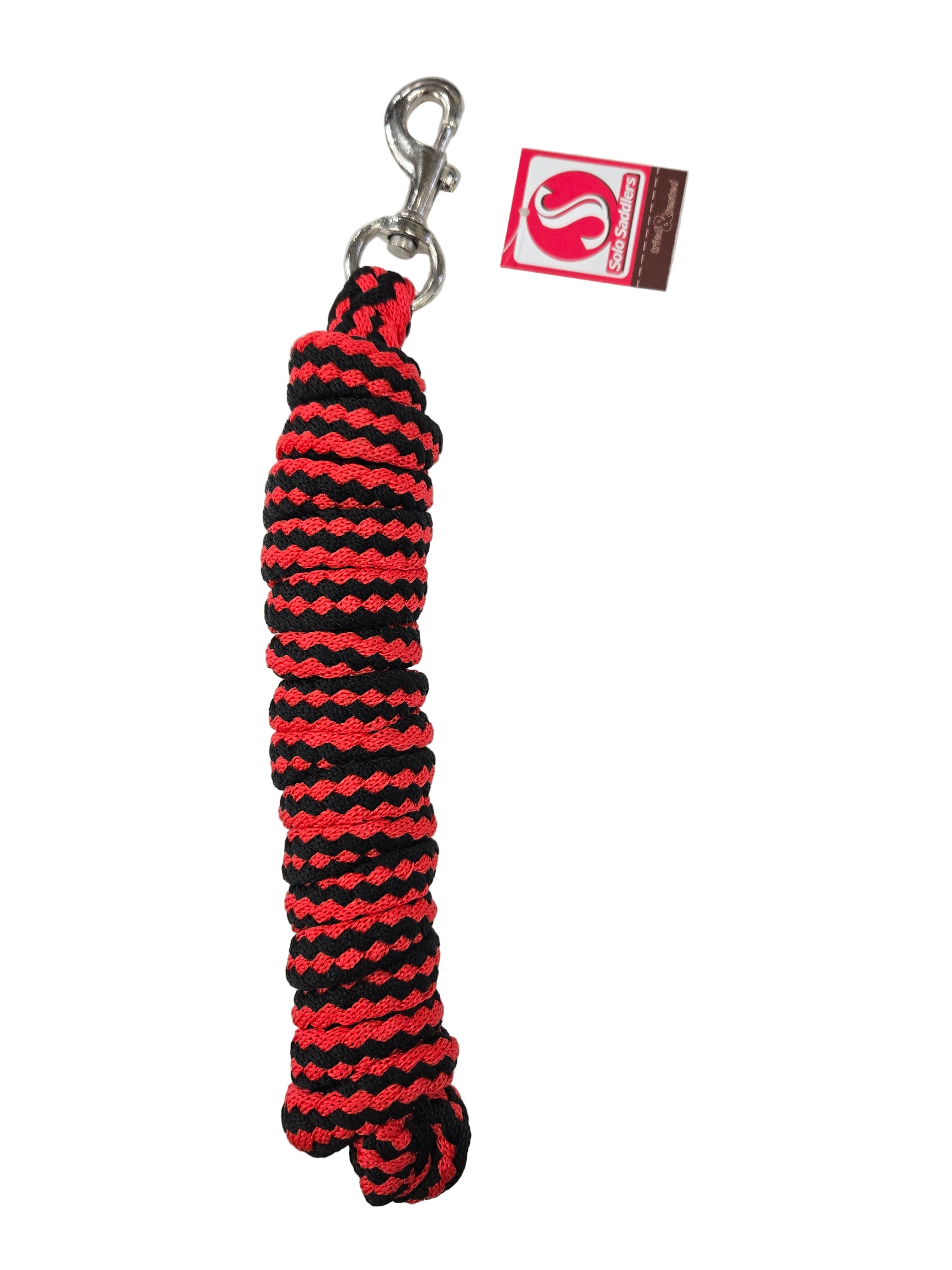 Red and black striped dog leash with a metal clip on a white background
