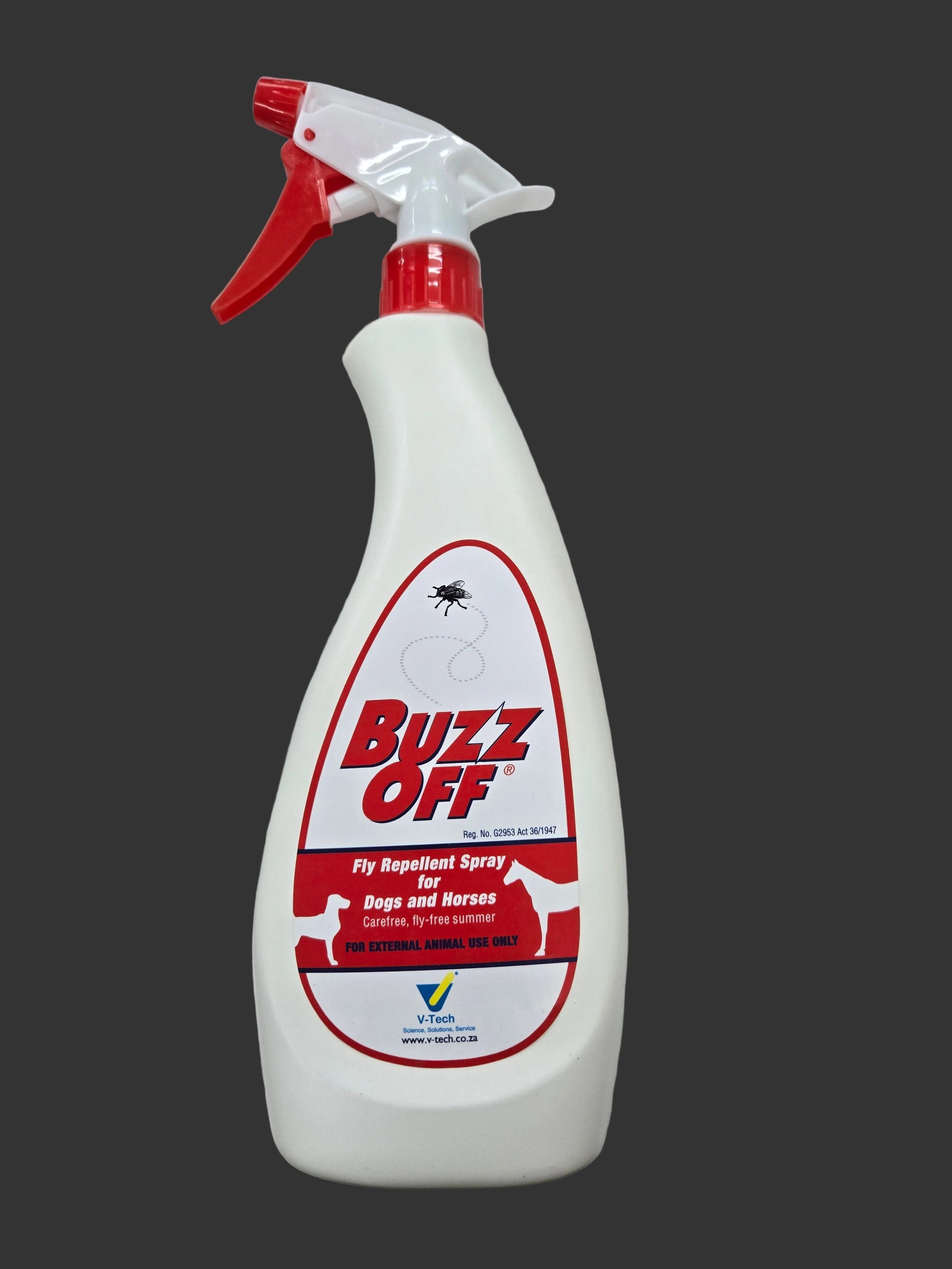 Bug spray bottle labeled 'Buzz Off' on a white surface.