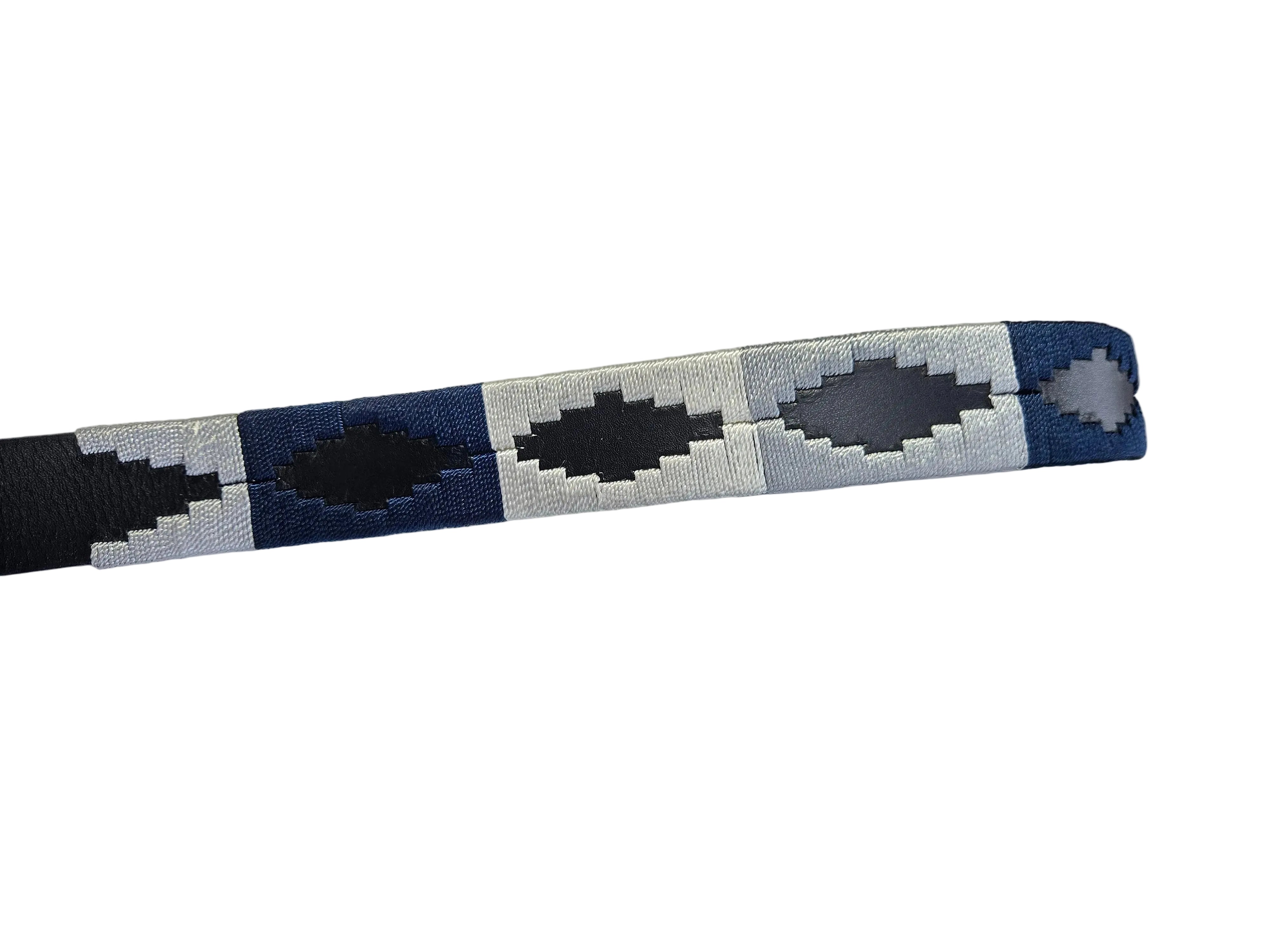Narrow blue and black patterned band on a white background