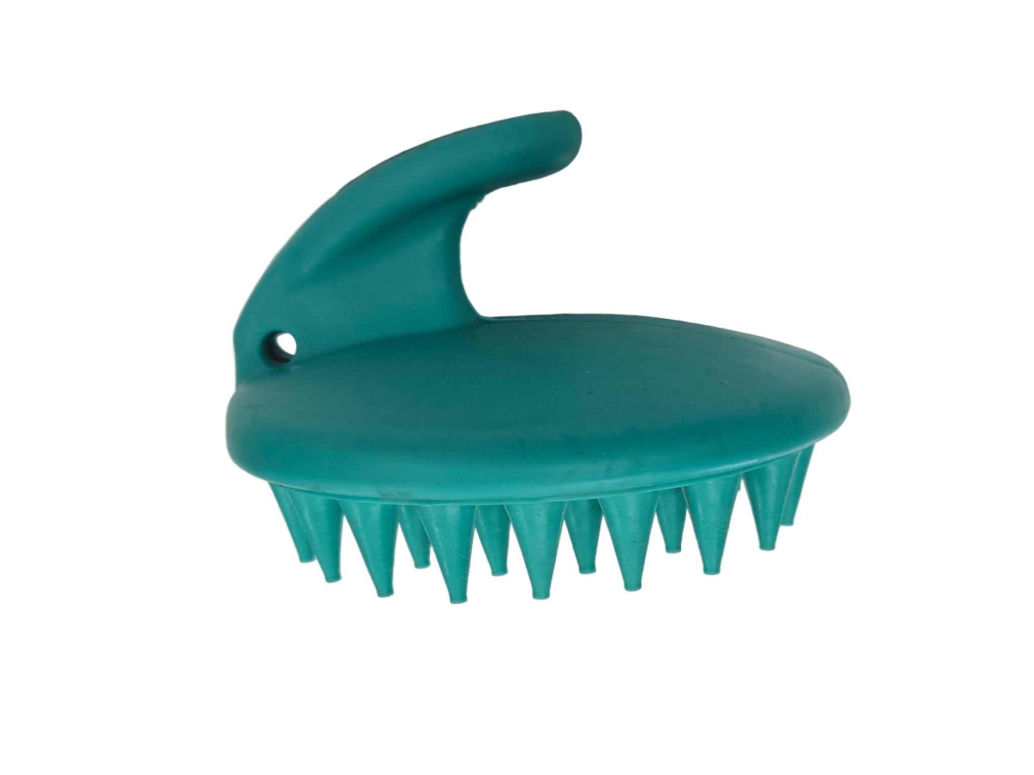 Teal pet grooming brush on a white background