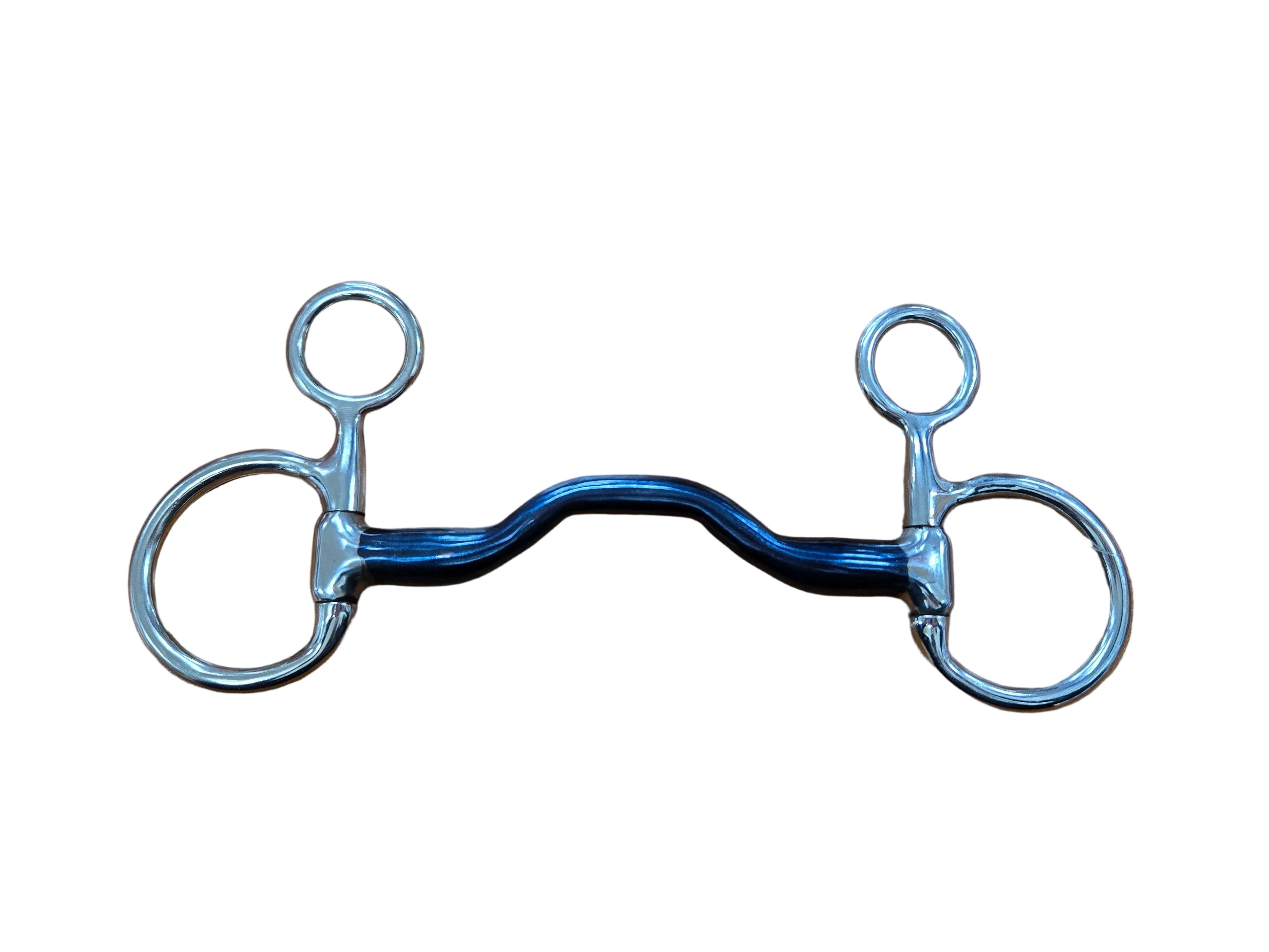 Metal horse bridle bit on a wooden surface with a brand tag.