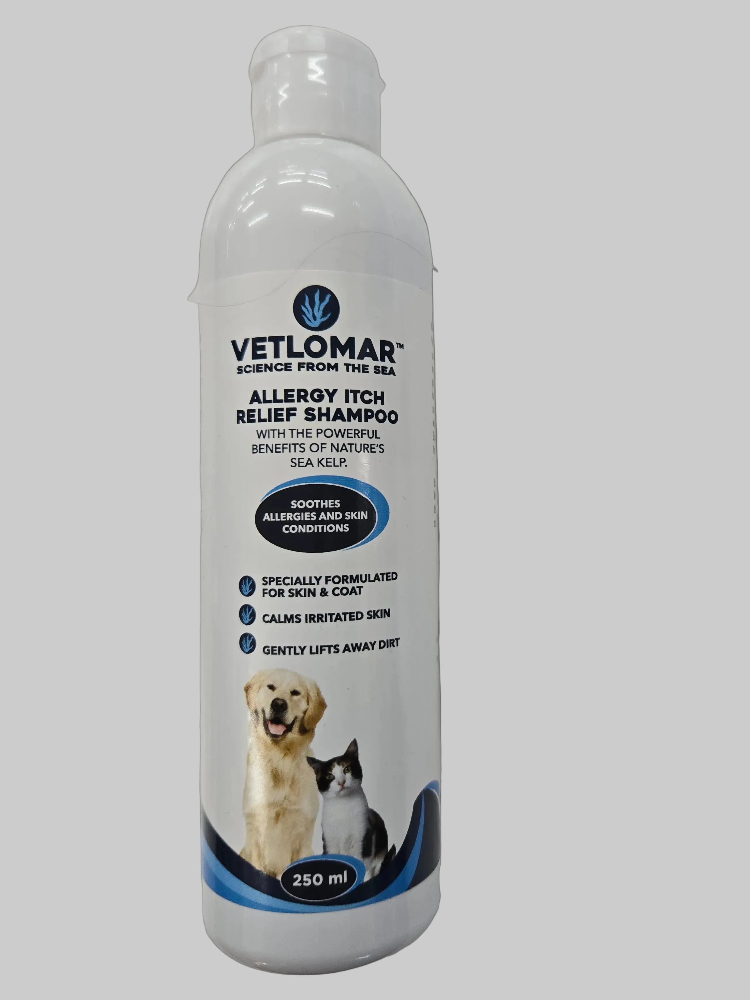 Pet shampoo bottle with label on a white surface