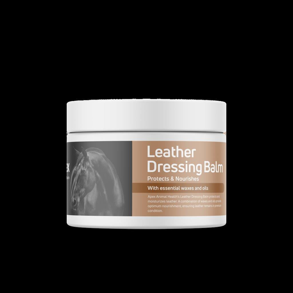 Jar of leather dressing balm with a horse image on a black background