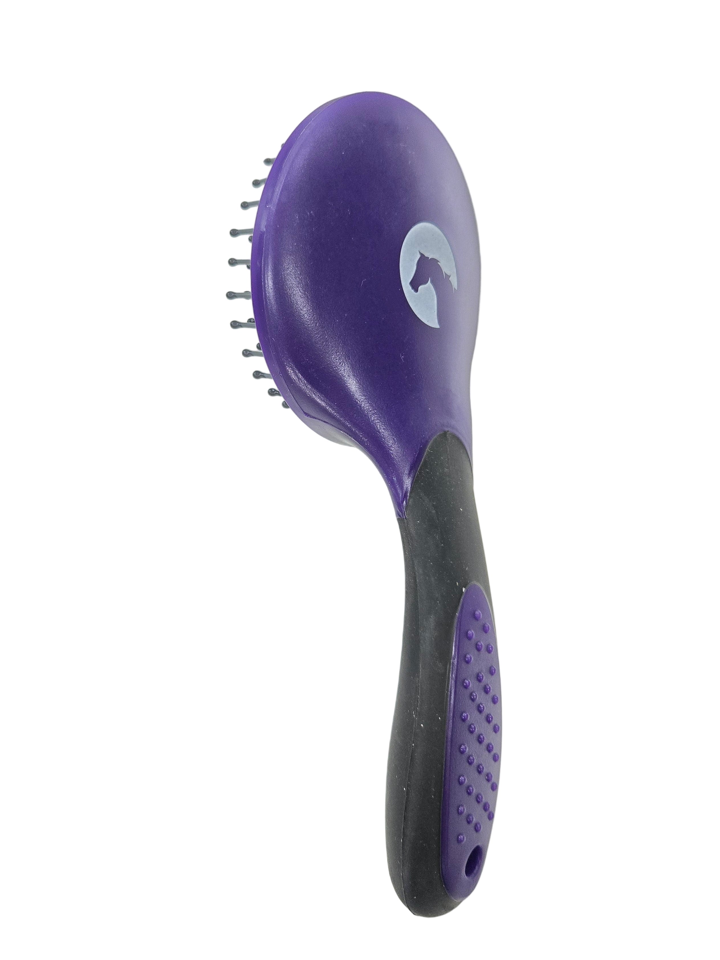 Purple pet grooming brush with black handle on a white surface