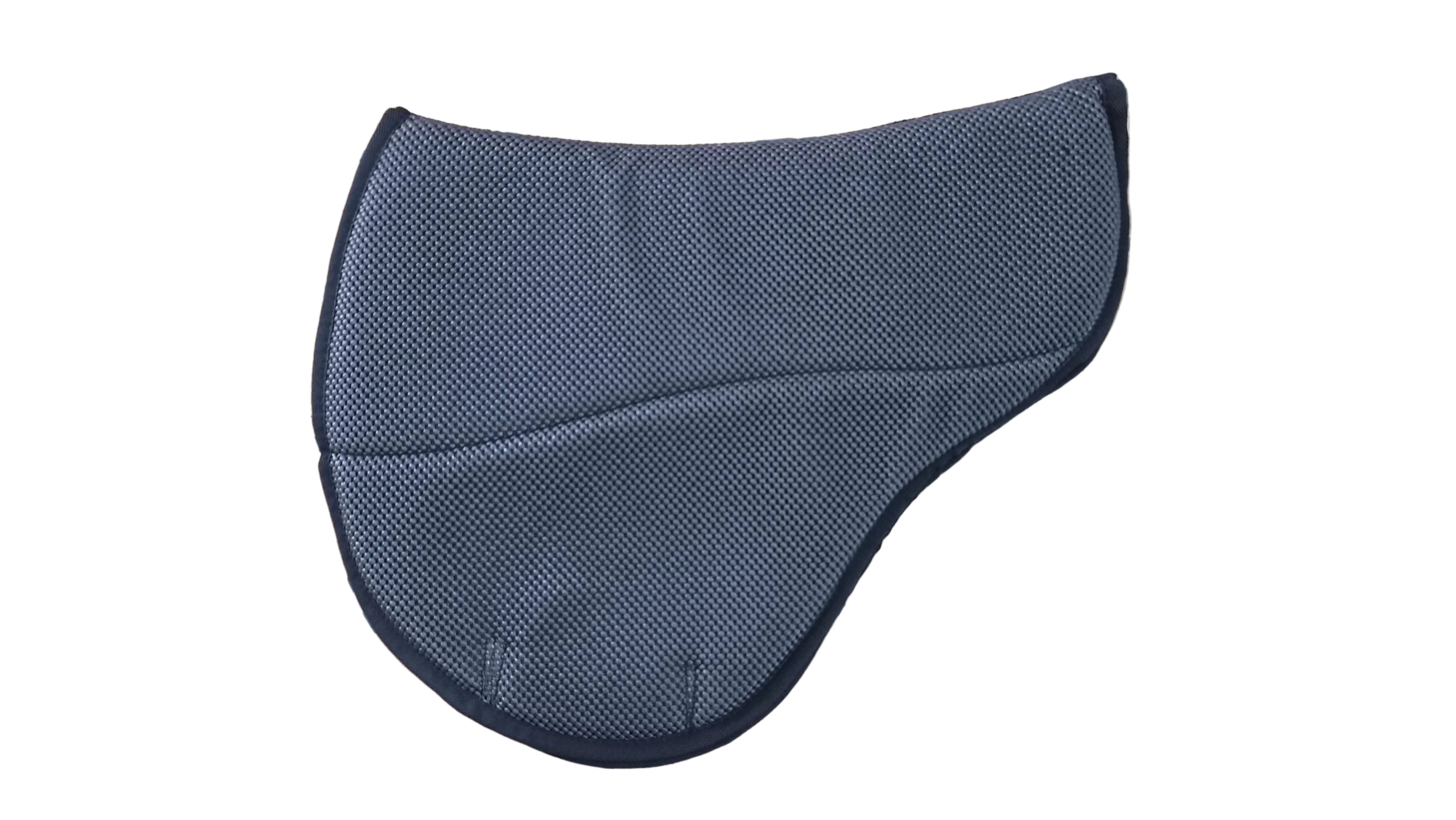 A dark gray saddle pad with a textured mesh-like surface and black trim, laid flat on a beige tiled floor.