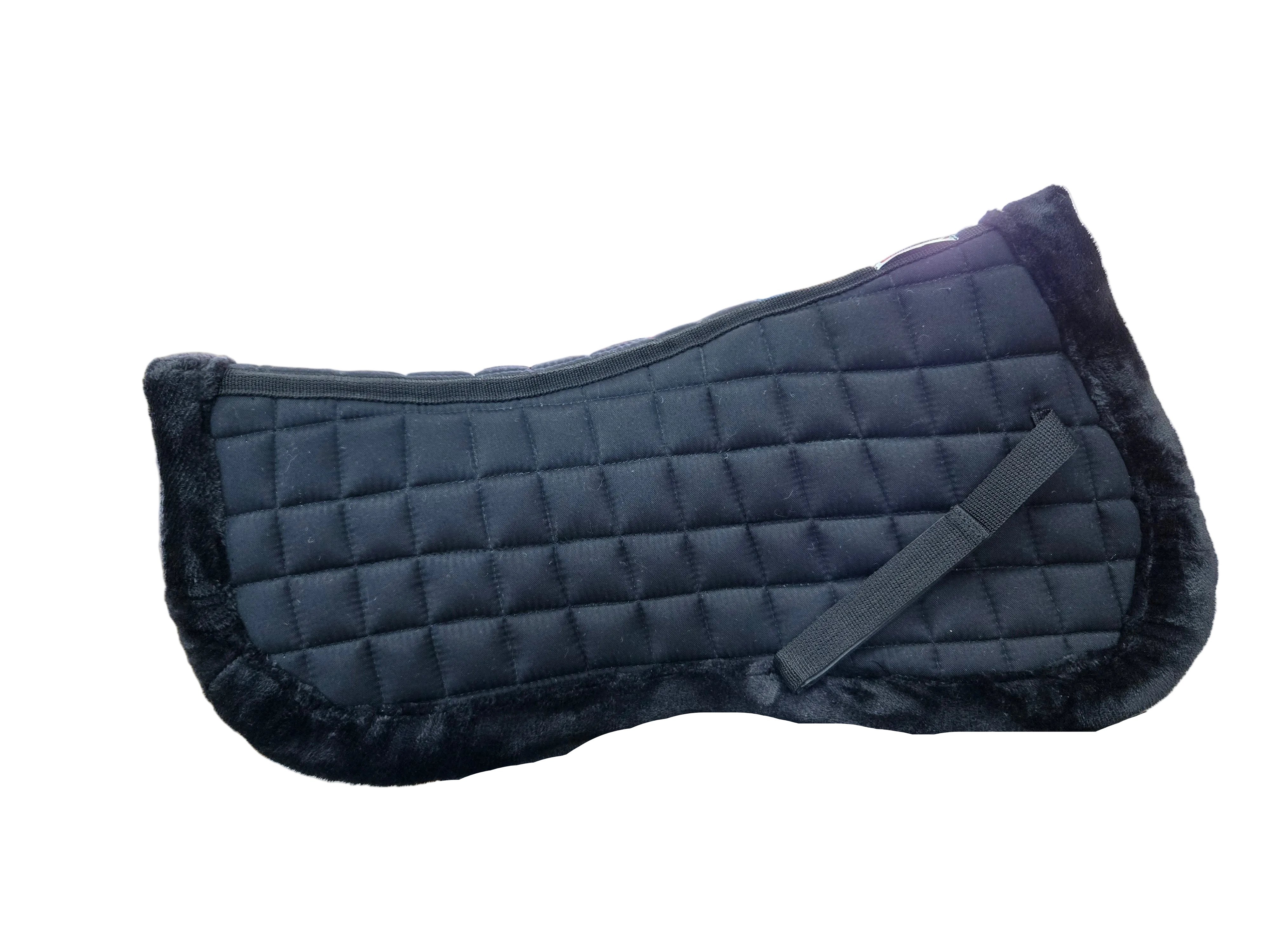 Black quilted saddle pad on a stand in an indoor setting with books and furniture.