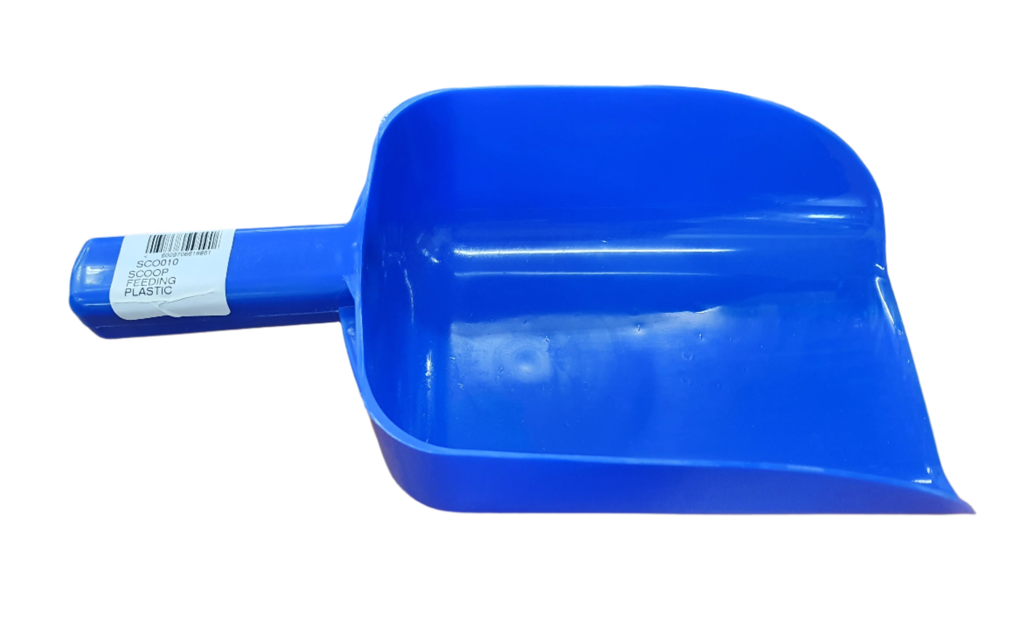 Blue plastic scoop on a wooden surface