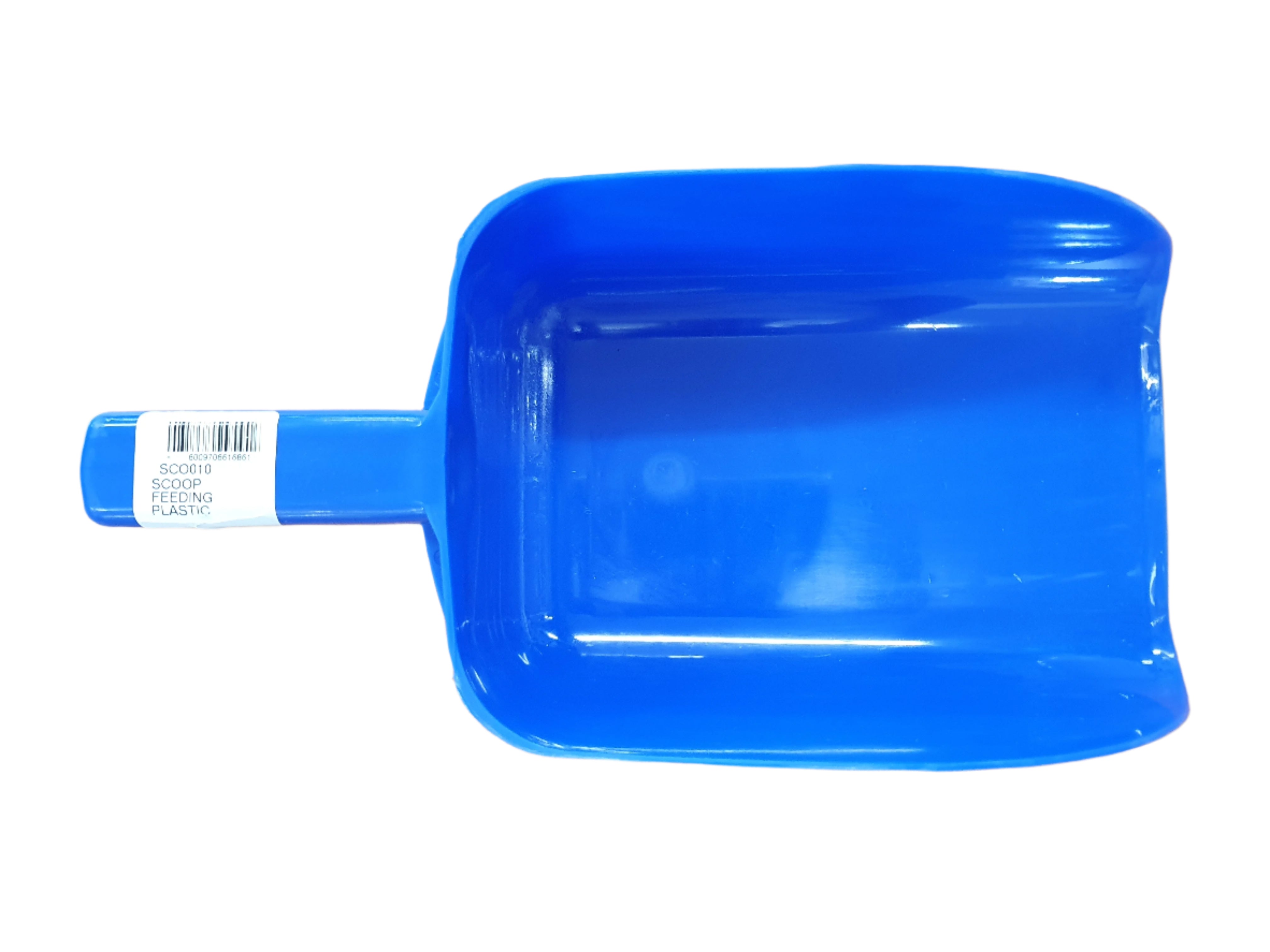 Blue plastic scoop on a wooden surface