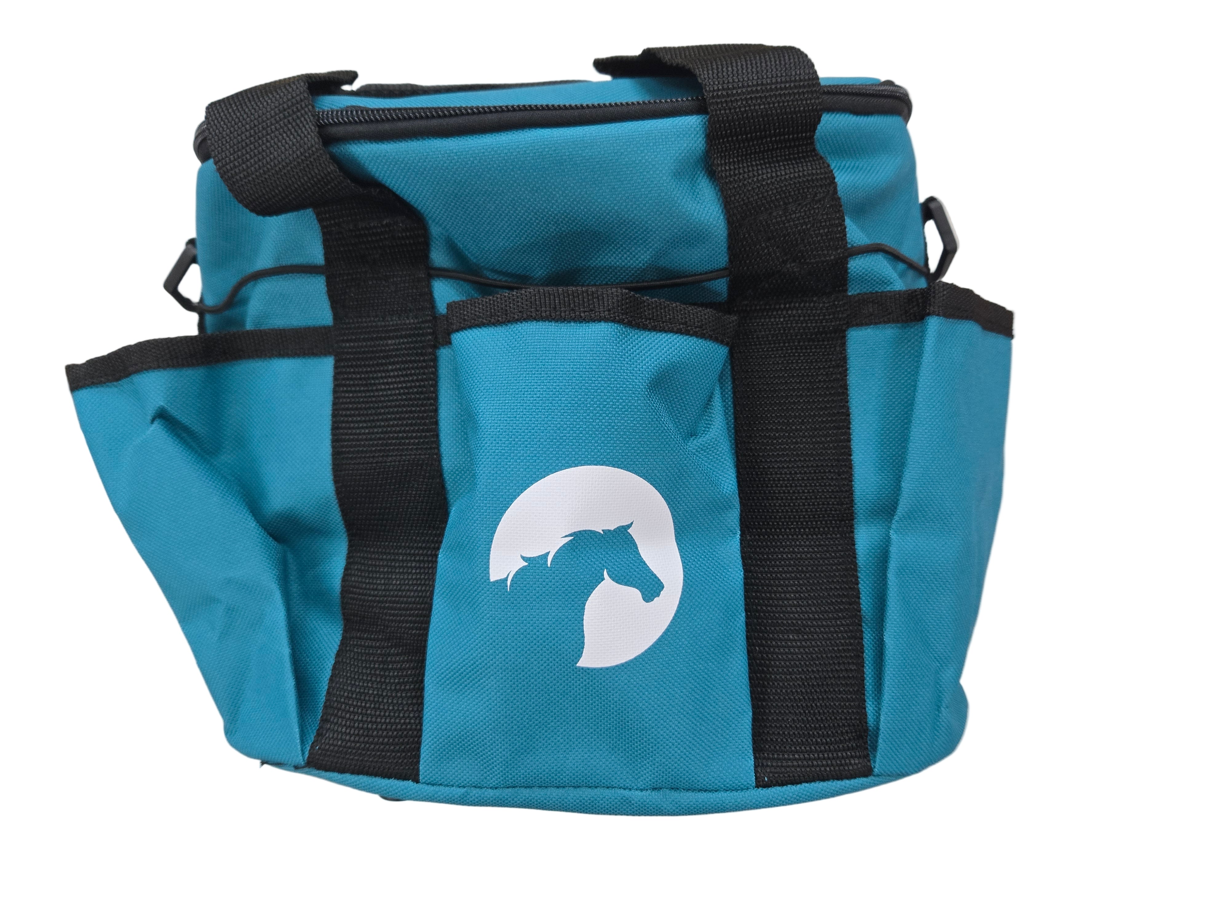 Blue bag with a horse logo on a white surface