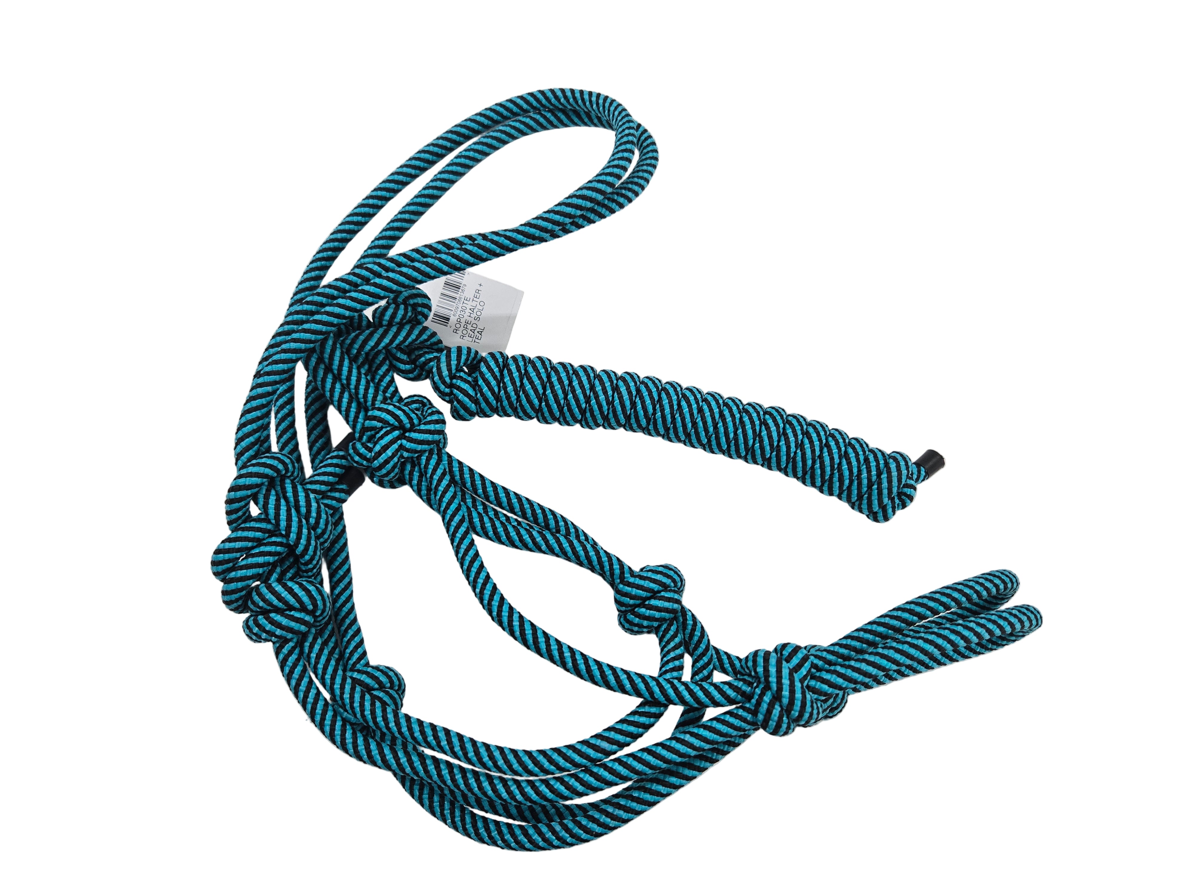 Blue and black striped rope on a white surface